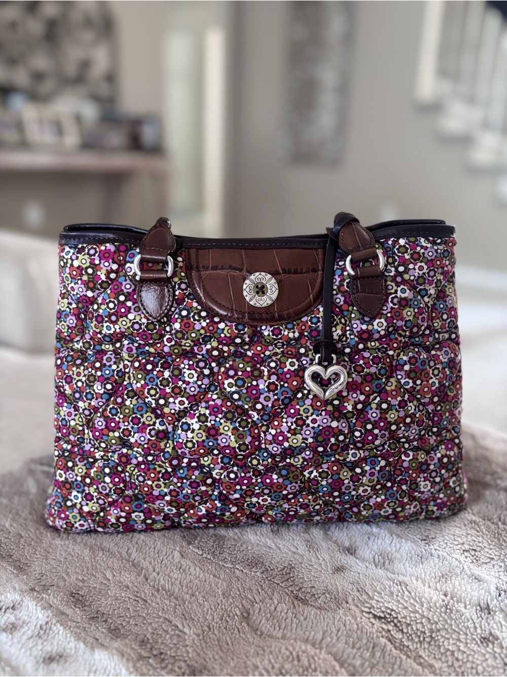 Brighton Heart to Heart Floral Quilted Calico tote Bag Leather Handles D773077